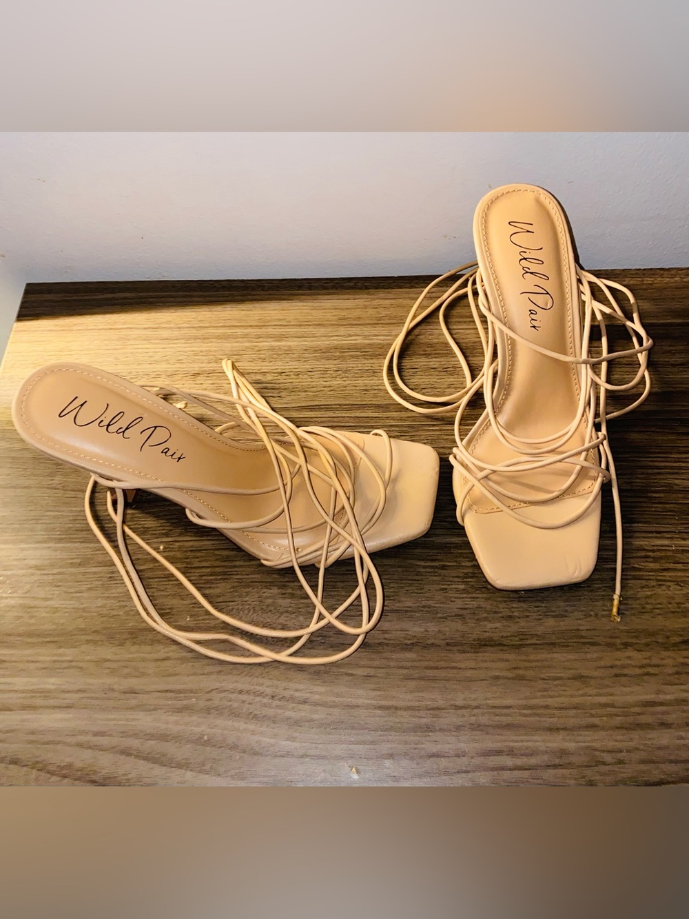 Wild Pair Nude Lace-Up Square-Toe Heels